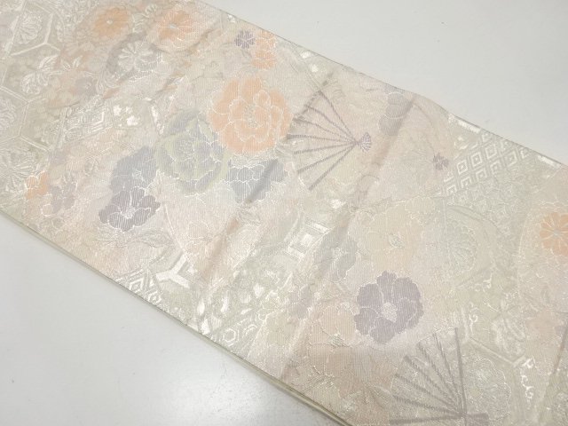 扇に牡丹・菊・椿模様織り出し　袋帯